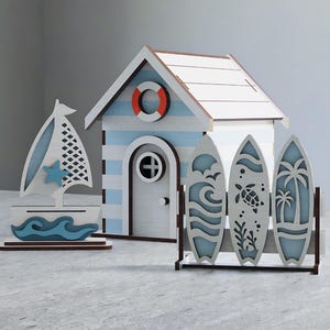Seaside Bundle – Laser Cut File | Beach Hut SVG | Surfboard Decor | Sailboat Ornament | Nautical Summer Decoration | Digital Download (3mm)