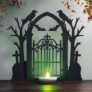 Haunted Gate Tea Light Holder – Laser Cut File | Halloween SVG Display | Gothic Graveyard Decor | Digital Download | Spooky Lantern