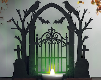 Haunted Gate Tea Light Holder – Laser Cut File | Halloween SVG Display | Gothic Graveyard Decor | Digital Download | Spooky Lantern