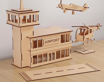 Laser Cut Airport Model: Tower, Plane & Helicopter SVG (Digital Download)