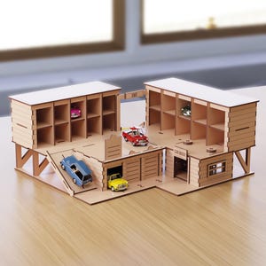 May include: A wooden toy car wash and parking garage with multiple levels and cubby spaces. The structure features a car wash, exit sign, and several toy cars in various colors, including blue, red, and yellow.