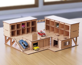 Archivo SVG de garaje para coches de juguete cortado con láser – Garaje de dos niveles / Lavadero de coches de juguete 1:64 / Almacenamiento de coches cortado con láser de 3 mm