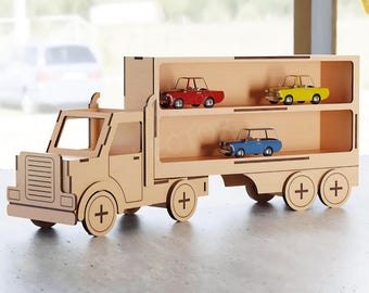 Autotransporter – lasergesneden bestand | Houten speelgoedvrachtwagen SVG | Opbergwagen speelgoedauto | Digitale download | Lasersnijden | Beweegbare wielen