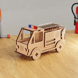 Caminhão de Bombeiros de Brinquedo – Arquivo Recortado a Laser | Caminhão de Bombeiros de Madeira SVG | Rodas Móveis e Escada Desmontável | Download Digital | Corte a Laser de 3 mm