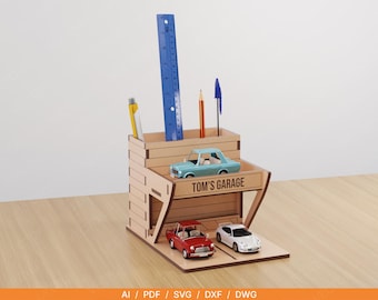 Personalised Toy Car Garage Pen Holder | 1:64 Scale Display & Desk Organiser | Custom Name Engraved | Laser Cut 3mm Digital Download
