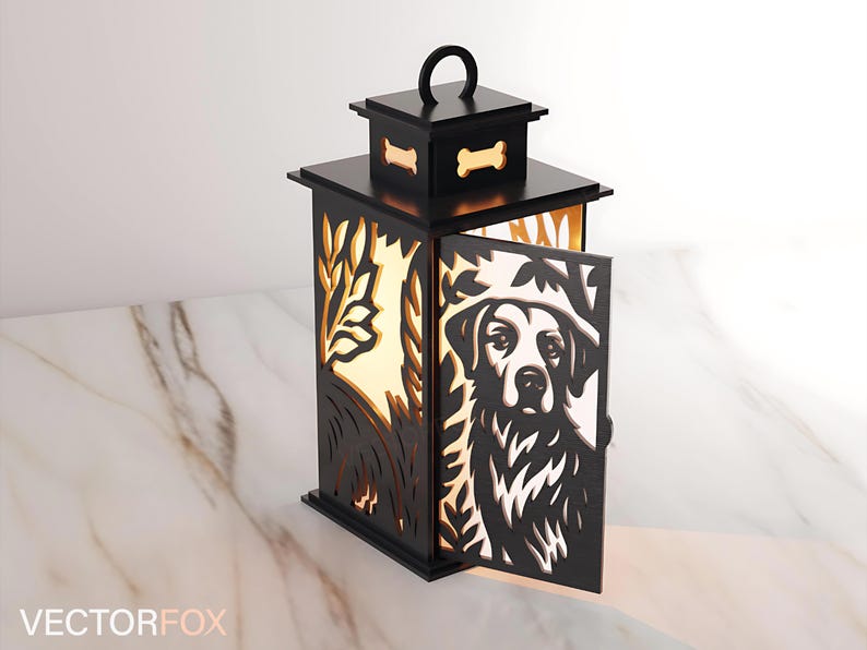 May include: Black wooden lantern with a dog design on the door. The lantern has a handle and bone-shaped cutouts. The interior glows with a warm light, and the design includes tree and leaf cutouts.