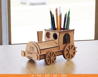 Porta-canetas de trem de madeira cortado a laser, organizador de mesa SVG | Porta-lápis de trem | Decoração para mesa de escritório e infantil | Download digital de 3 mm