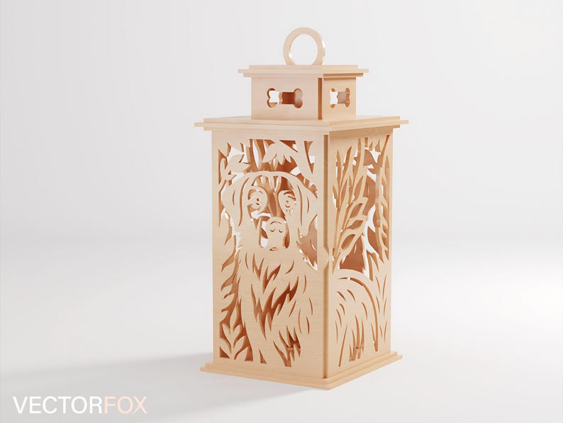 May include: A light-colored wooden lantern with a dog design cut out of the sides. The lantern has a rectangular shape with a top section featuring a handle and decorative cutouts. The dog's face is visible on the front panel.