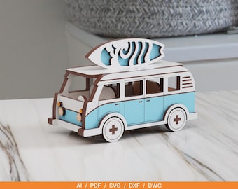 Campervan Laser Cut File – Wooden Surf Van SVG | Beach Camper Van | Summer Decor | Laser Cut Vehicle | 3mm Digital Download
