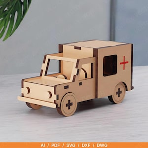 Krankenwagen Spielzeug – Laser Cut Datei | Hölzernes Rettungsfahrzeug SVG | Öffnen von Hintertüren | Bewegliches Auto SVG | Digitaler Download | 3 mm Laserschnitt