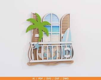 Beach Window Layered Wall Art SVG | Tropical Balcony Laser Cut File | Coastal Ocean Window Scene  Digital Download