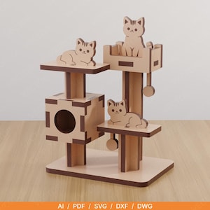 Peut inclure: Arbre à chat en bois avec plusieurs plateformes, un compartiment et trois figurines de chat. L'arbre à chat est en bois brun clair avec des bordures brun foncé. Les figurines de chat sont de style dessin animé.