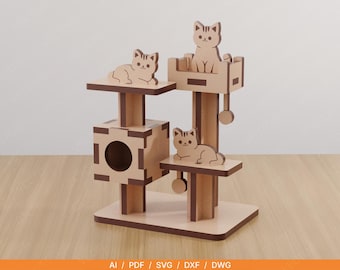 Archivo cortado a láser para decoración de torre de gato / Mini árbol para gatos SVG / Adorno para estante de escritorio / Exhibidor de gato de madera / Glowforge xTool 3 mm Descarga digital