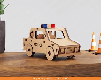 Giocattolo auto della polizia - File tagliato al laser / Veicolo della polizia in legno SVG / Ruote mobili / Download digitale / Taglio laser da 3 mm / Auto della polizia tagliata al laser