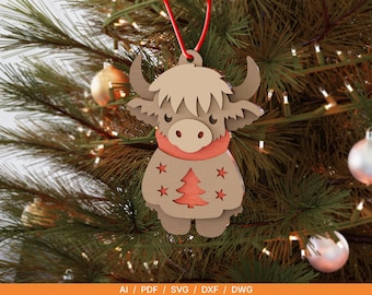 Highland Cow Christmas Ornament SVG | Christmas Jumper Cow Laser Cut File | Layered Christmas Decoration | Xmas Ornament SVG