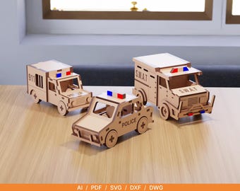 Police Toy Car Bundle Laser Cut Vehicle Files | Wooden Police & SWAT Cars SVG | Kids Toy Set | 3mm Digital Download