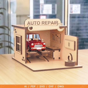 Taller de reparación de automóviles - Archivo cortado a láser / Garaje de juguete de madera SVG / Compatible con Glowforge y xTool / Juego de coches Matchbox / Descarga digital