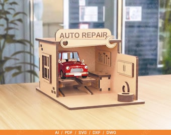 Car Garage Auto Repair Shop – Laser Cut File | Wooden Toy Garage SVG | Glowforge & xTool Ready | Matchbox Car Playset | Digital Download