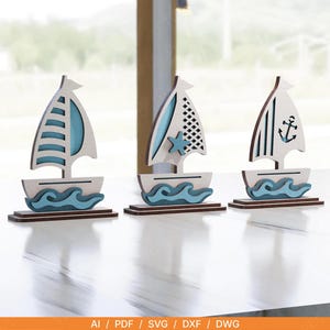 Set de velero náutico – Archivo cortado a láser / Decoración costera de playa SVG / Adornos de velero de madera con olas / Descarga digital / Exhibición junto al mar