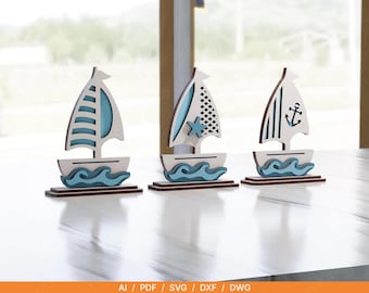 Nautical Sailboat Set – Laser Cut File | Coastal Beach Decor SVG | Wooden Sailboat Ornaments with Waves | Digital Download | Seaside Display