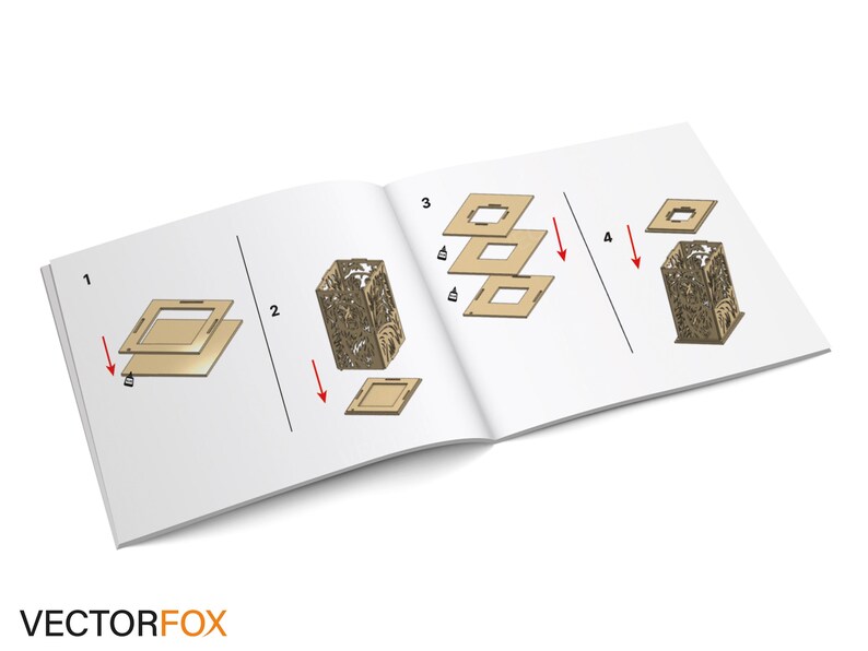 May include: Open book with assembly instructions for a decorative wooden lantern. The instructions show the steps to assemble the lantern, with diagrams and arrows. The lantern has an intricate design. The VectorFox logo is at the bottom.