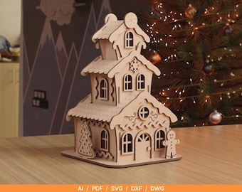 Gingerbread House SVG | Christmas Village Laser Cut File | 3D Wooden Christmas House | Glowforge xTool Holiday Decor | 3mm Digital Download