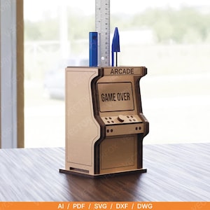 Archivo SVG para corte láser de un portalápices con forma de máquina arcade / Organizador de escritorio para juegos retro / Regalo para gamers / Descarga digital para Glowforge y xTool de 3 mm