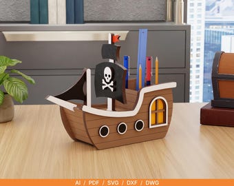 Pirate Ship Pen Holder SVG | Laser Cut Desk Organizer File | Pirate Pencil Holder | Wooden Office Storage 3mm Digital Download
