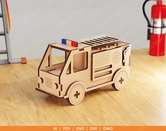 Fire Engine Toy – Laser Cut File | Wooden Fire Truck SVG | Moving Wheels & Detachable Ladder | Digital Download | 3mm Laser Cutting