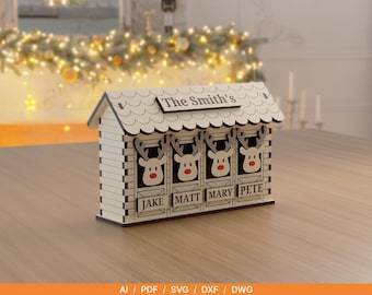 Archivo SVG personalizado para decoración navideña de familia de renos / Decoración navideña con nombre personalizado / Archivo de corte láser de establo de renos / Descarga digital de 3 mm