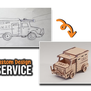 Puede incluir: Maqueta de camión SWAT de madera con el texto "S.W.A.T." en el lateral. La imagen incluye un boceto del camión y una flecha naranja que apunta al modelo. También están las palabras "Custom Design Service".