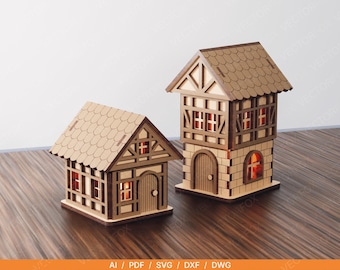 Tudor House Lantern Bundle Laser Cut File | Small Tudor Tealight Holder SVG | Medieval House Lantern | Digital Download | 3mm Laser Cutting