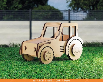 Archivo SVG de tractor de juguete cortado con láser: vehículo agrícola de madera, tractor grande, vector, ruedas móviles, descarga digital de corte láser de 3 mm
