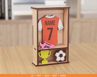 Vitrina personalizada para camisetas de fútbol en formato SVG / Regalo de fútbol con nombre y número personalizados / Archivo de corte láser para taquilla deportiva / Descarga digital de 3 mm