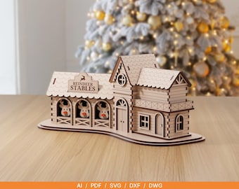 Establos de renos navideños SVG / Archivo de pueblo navideño para corte láser / Decoración navideña de madera / Glowforge xTool CNC / Exhibición de pueblo invernal de 3 mm