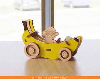 Banana Car with Monkey SVG Laser Cut File | Cute Monkey Toy Decor | Banana Car Desk Ornament | Glowforge xTool 3mm Digital Download