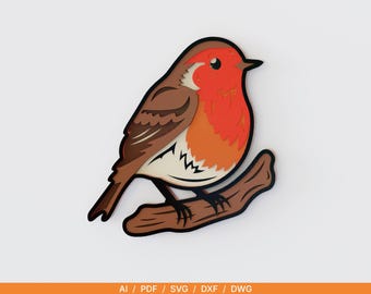 Archivo SVG de petirrojo para corte láser / Archivo de petirrojo en capas / Arte mural de aves / Decoración de madera con animales salvajes / Descarga digital Glowforge y xTool