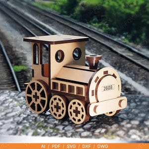 Juguete clásico de tren de vapor: archivo cortado con láser / SVG de tren de madera / Ruedas móviles / Diseño de locomotora vintage / Descarga digital