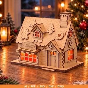 Julbageri SVG | Laserskuren fil för julby | Pepparkaksbutik 3D-trähus | Juldekor 3 mm digital nedladdning