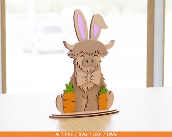 Highland Cow Easter Ornament – Laser Cut Easter Cow SVG | Wooden Spring Decor | Cute Bunny Cow | Laser Cut Ornament | 3mm Digital Download
