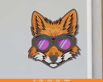 Cyberpunk Fox Layered Wall Art Svg | Layered Fox Head Laser Cut File | Futuristic Animal Wall Decor Dxf Ai Pdf | Digital Download