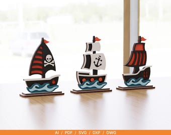 Pirate Ship Decor SVG Bundle | Laser Cut Pirate Ships File | Nautical Pirate Shelf Decor | Wooden Pirate Ship 3mm Digital Download