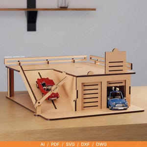 Laser Cut Toy Car Garage SVG – Double Level Hot Wheels Garage File | Movable Barrier & Pull-Up Doors | 3mm Laser Cutting Vector Download