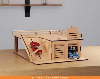 Laser Cut Toy Car Garage SVG – Double Level Hot Wheels Garage File | Movable Barrier & Pull-Up Doors | 3mm Laser Cutting Vector Download