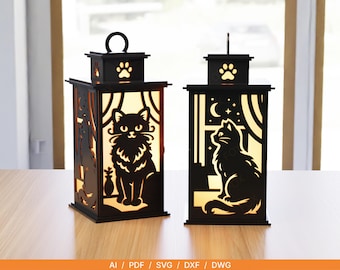 Cat Lantern Laser Cut File – Wooden Cat Silhouette SVG | Pet Memorial Lantern | LED Tealight Holder | Laser Cut Decor | 3mm Digital Download