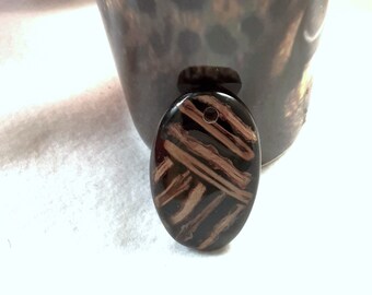 1 Oval Glazed Resin Dark Brown Pendant with Tan Matrix Like Pattern, Top Drilled 3mm Hole, Design on one side only, about 50.8mm