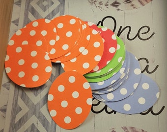 48 Polka Dot Oval Die Cuts -- Lime Green, Strawberry, Orange, Periwinkle, Easter, Eggs, Red, White, Size 2x1.5 inches, Tags, Single Sided