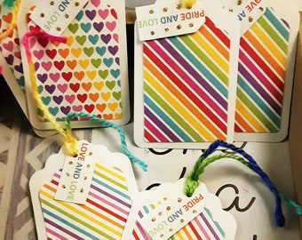 6 Rainbow Gift Tags, Diagnal Stripes, Hearts, Love, Pride, Hang Tags, Acid and Lignin Free Cardstock, Rainbow Colored Yarn