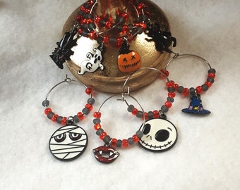 8 Halloween Wine Charms, Orange and Black Matte Seed Beads, Gunmetal Alloy Charms, Stainless Steel Rings, Wine Tags, Host Gift