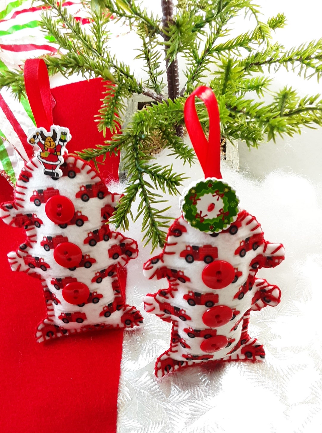 2 Handstitched Felt Fire Hydrant Ornaments, Buttons, Ribbon, Fireman